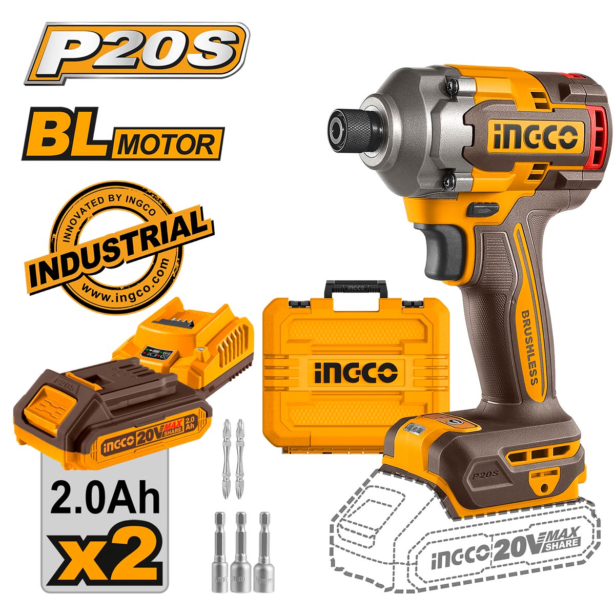 ΠΑΛΜΙΚΟ ΚΑΤΣΑΒΙΔΙ ΜΠΑΤΑΡΙΑΣ 20V LI-ION BRUSHLESS ΜΕ 2 ΜΠΑΤΑΡΙΕΣ & ΦΟΡΤΙΣΤΗ INGCO CIRLI2028E