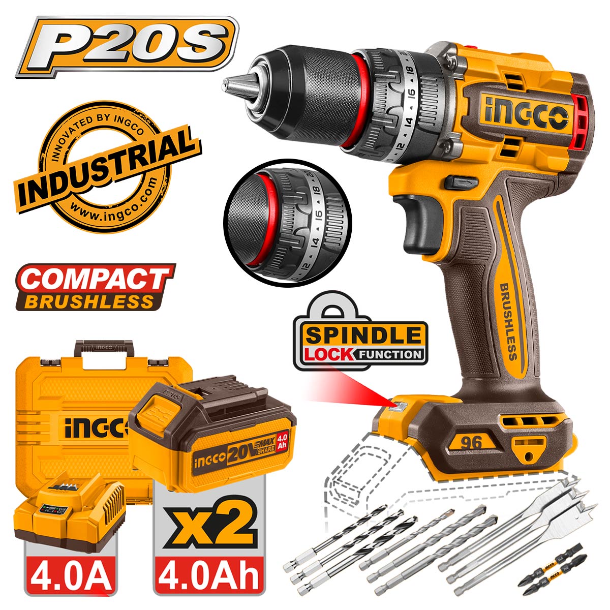 ΚΡΟΥΣΤΙΚΟ ΔΡΑΠΑΝΟΚΑΤΣΑΒΙΔΟ 96NM ΜΠΑΤΑΡΙΑΣ BRUSHLESS 20V LI-ION 2X4AH INGCO CIDLI20968E