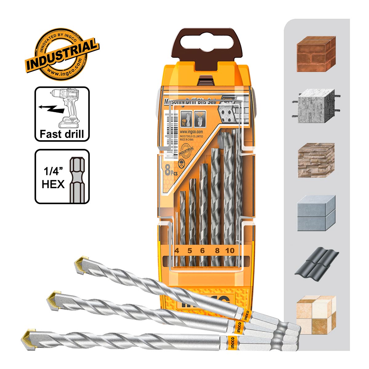 ΔΙΑΜΑΝΤΟΤΡΥΠΑΝΑ 4-10MM 1/4" HEX ΣΕΤ 5 ΤΕΜ INGCO AKDB6055