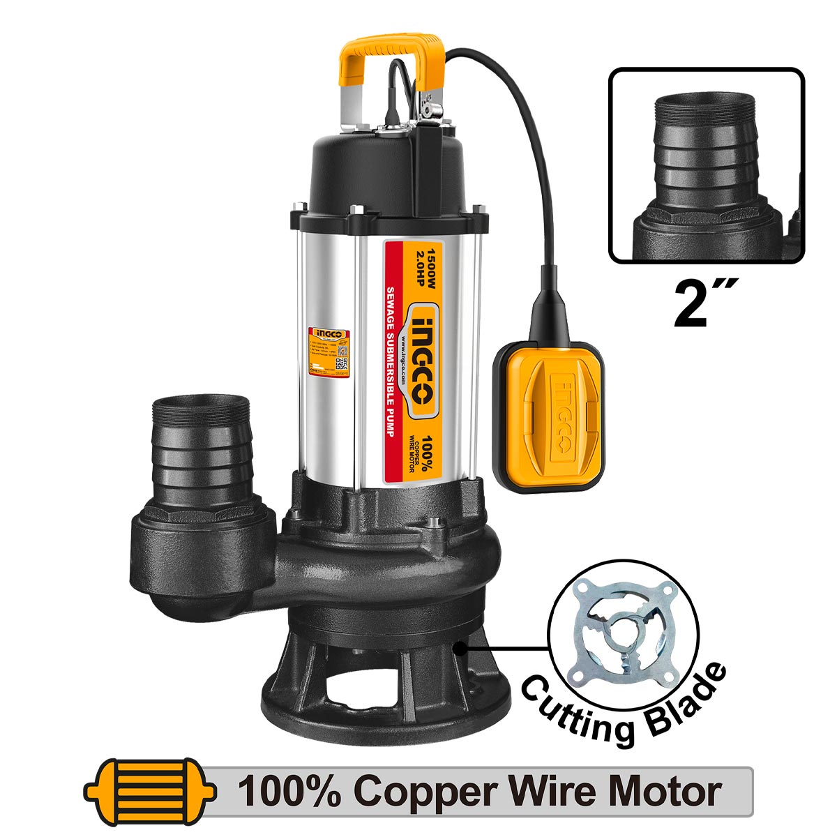 ΥΠΟΒΡΥΧΙΑ ΑΝΤΛΙΑ INOX ΜΕ ΚΟΠΤΗΡΑ ΛΥΜΑΤΩΝ 1500W INGCO SPDB150068