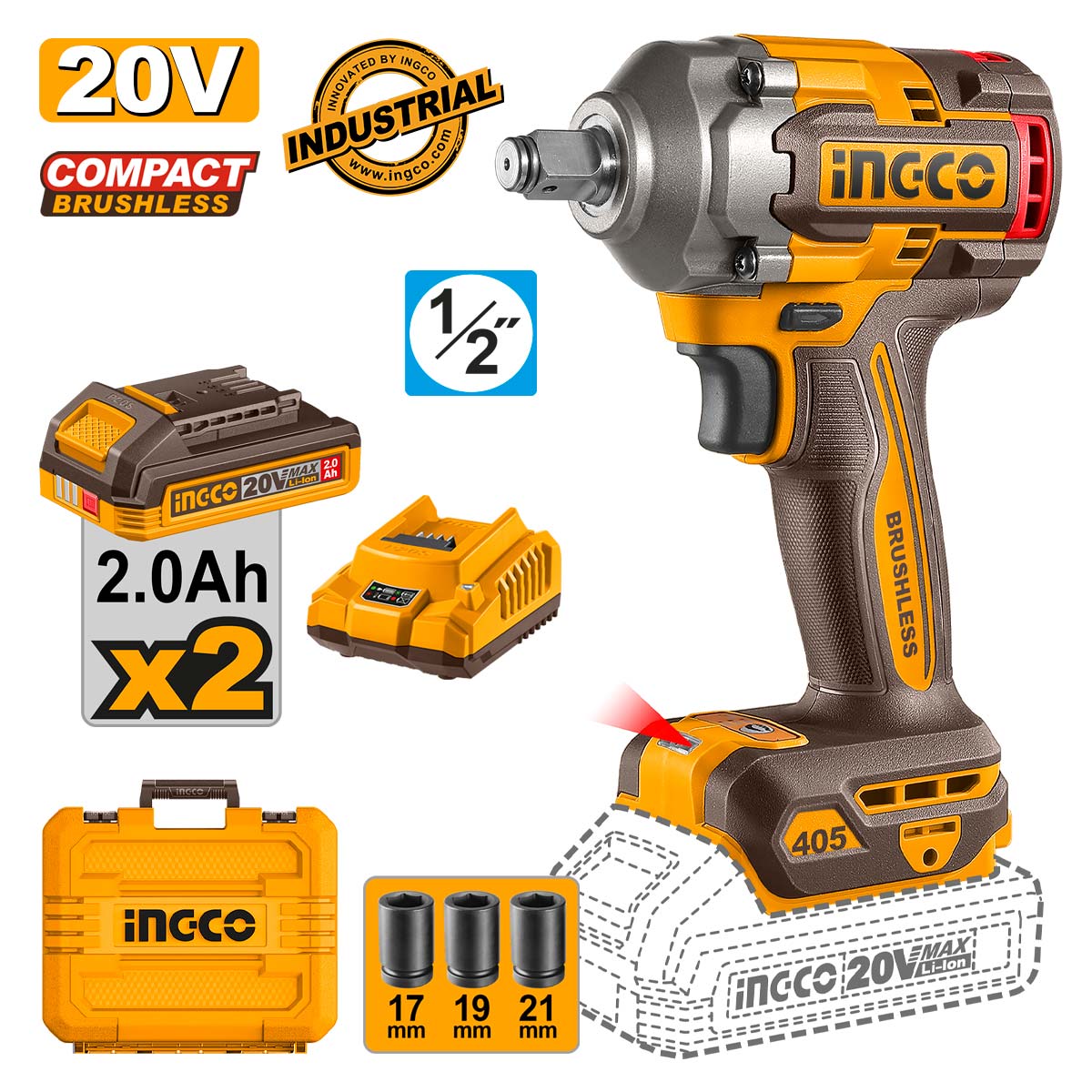 ΜΠΟΥΛΟΝΟΚΛΕΙΔΟ ΚΡΟΥΣΤΙΚΟ ΜΠΑΤΑΡΙΑΣ 20V 2X2AH 405-555NM ΜΕ AΙ ΚΑΙ ΦΟΡΤΙΣΤΗ INGCO CIWLI2045E 